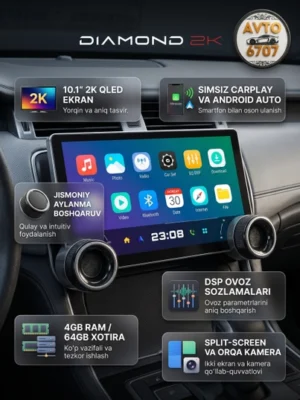 diamond 2k avtomagnitolasi, android monitor, 2k avtomagnitola, mashina monitori, 4/64gb magnitola, carplay monitor, dsp audio, avto aksessuar, qled monitor, jismoniy tugmali monitor