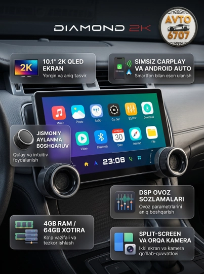 diamond 2k avtomagnitolasi, android monitor, 2k avtomagnitola, mashina monitori, 4/64gb magnitola, carplay monitor, dsp audio, avto aksessuar, qled monitor, jismoniy tugmali monitor