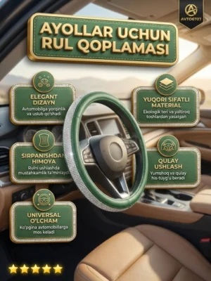 Ayollar uchun straza toshli va eko-charm rul g'ilofi (37–39 sm) — AVTO6707 - Yashil