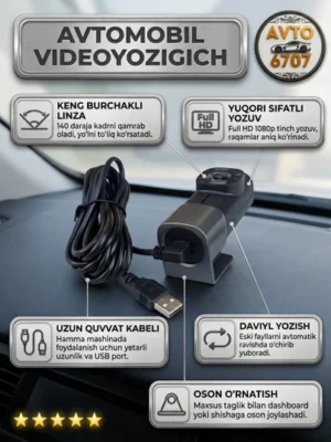 USB HD DVR Videoregistrator 170° — Android Magnitola uchun, ADAS va Tungi Ko‘rish - QORA