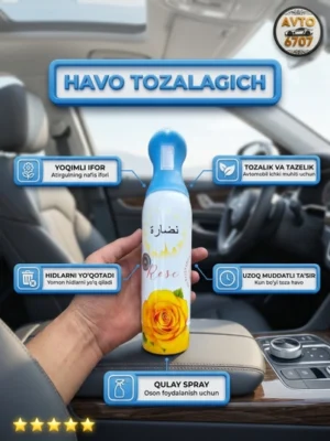 havo tozalagich sprey, avtomobil havo tozalagich, antibakterial avto atir, salon osvijitel, mashina atiri, hid yo'qotuvchi sprey, avto aksessuar, liliya atir, atirgul sprey, romashka osvijitel
