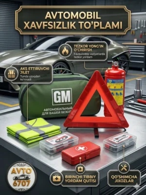 Avtomobil uchun avariya to'plami, aptechka, o't o'chirish moslamasi, nimcha, avariya belgi