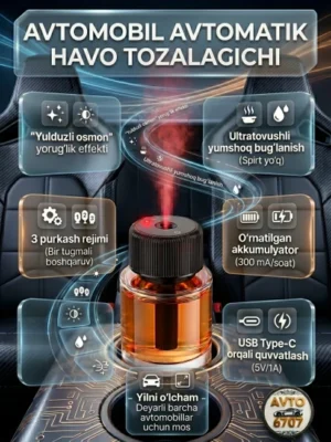 Avtomobil uchun elektron avtomatik aromadiffuzor va "Yulduzli osmon" yoritgichi (300 mAh, Type-C)