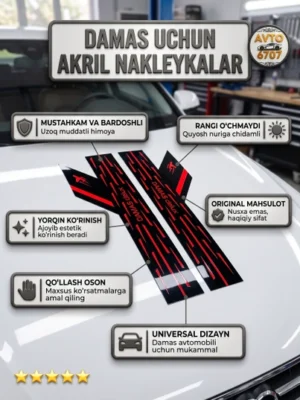 Damas avtomobili uchun akril nakleykalar to'plami (2 dona) — Yaltiroq va chidamli stiker - Qizil