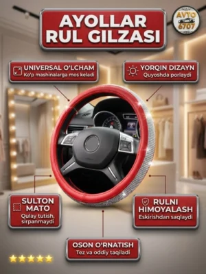 Ayollar uchun straza toshli va eko-charm rul g'ilofi (37–39 sm) — AVTO6707 - Qizil