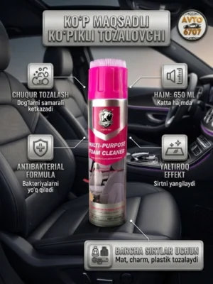 salon tozalovchi ko'pik, foam cleaner, ximchistka penasi, avtosalon tozalagich, dog' ketkazuvchi ko'pik, avtokosmetika, mashina ximchistkasi, universal tozalovchi, mebel tozalagich, antibakterial ko'pik